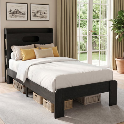 Twin Platform Bed Frame with Storage Headboard, LED and Charging Station, Black