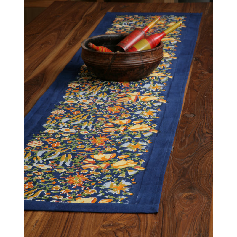 Handcrafted Water Resistant Floral Table Runner, 72" L x 16" W, Navy