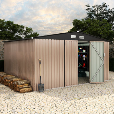 10x12 FT Metal Outdoor Storage Shed – Weatherproof Utility Building with Lockable Door & Air Vents, Large Garden, Lawn & Patio Tool Organizer (Dark Top + Brown Board)