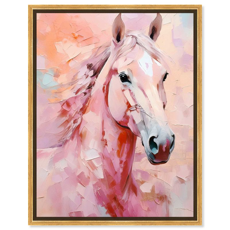 Art chevalier rose, toile, pêche, boho, Cadre doré, H 37 po x l 31 po