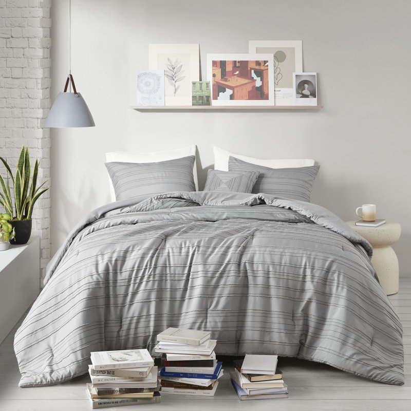 Édredon 3 pièces gris avec attaches décoratives à pince avec coussin décoratif gris, taie décorative, peau, motif, rembourrage, preuve