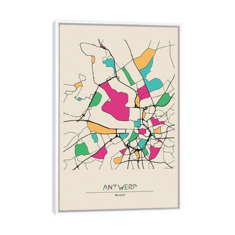 Antwerp, Belgium Map by Ayse Deniz Akerman - Print on Canvas, White Floater Frame, 152.5 cm H x 101.5 cm W