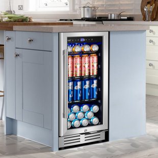 15 Inch Built-in/Freestanding Beverage Refrigerator Cooler 130 Can Beer Cooler Mini Beer Drink Fridge with Glass Door and Lock Under Counter Classic Series