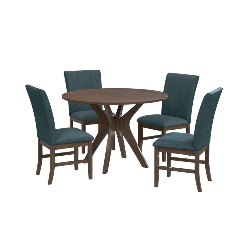 Ensemble de salle à manger Leana 5 pièces, hauteur standard, en noyer - Table ronde et quatre chaises en tissu bleu denim