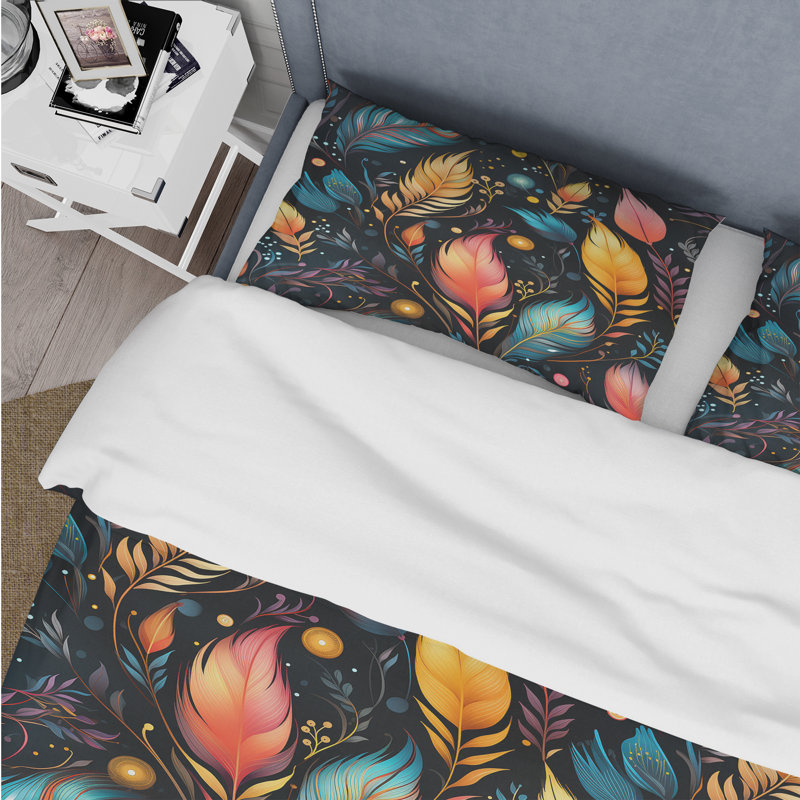 Thynn Eclectic Boho Feather Pattern - Boho Duvet Cover Set - Microfiber Polyester, Queen Duvet Cover + 2 Standard Shams