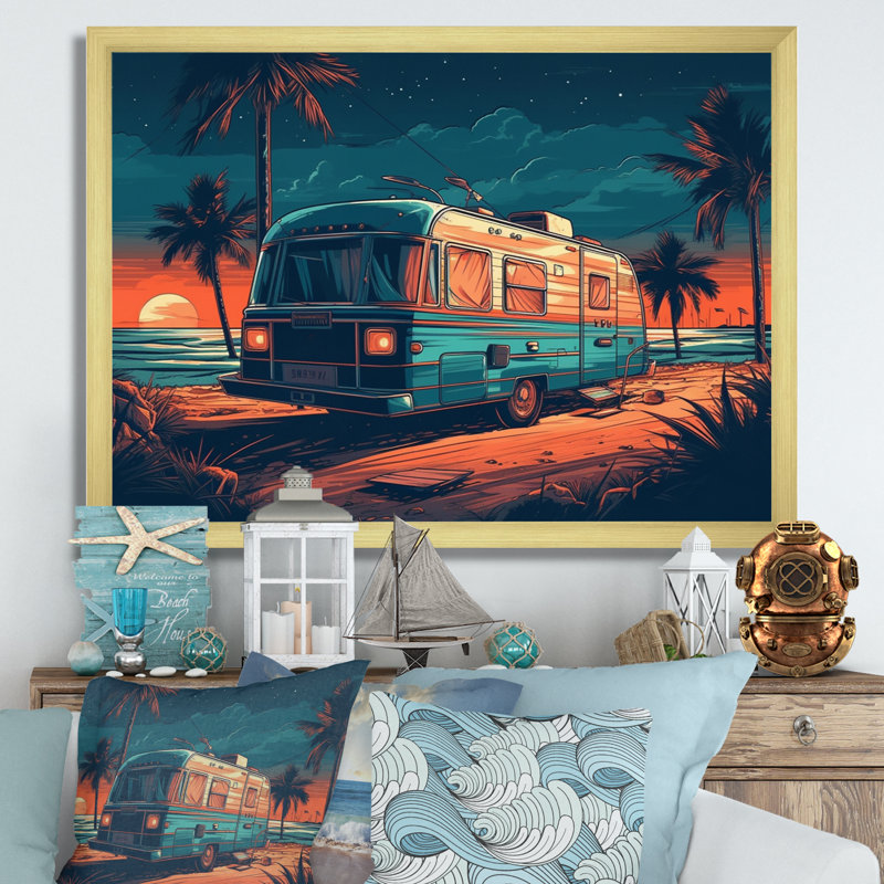 «Rv Parked on the Beach» - reproduction, Encadrement doré, H 24 po x l 32 po x P 1 po