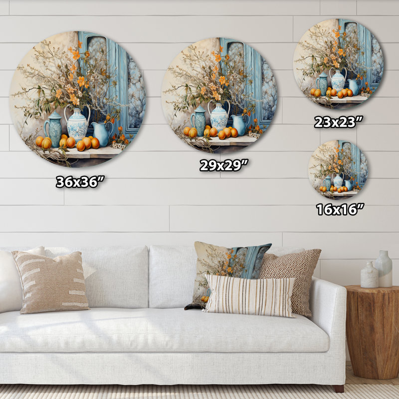 Vase à fleurs oranges campagnard - Art floral rond en métal, H 36 po x l 36 po