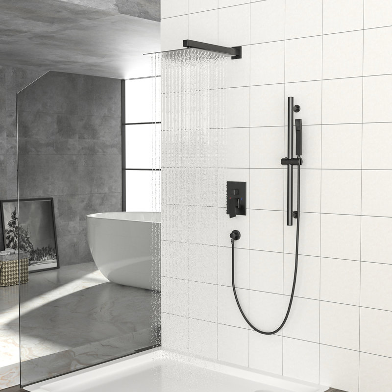 Wall Mounted Matte Black Shower - 12 Inch Square With Adjustable Slide, Rainfall Head, And Handheld Flange System Head Mount, Bar, -Balanced Feature