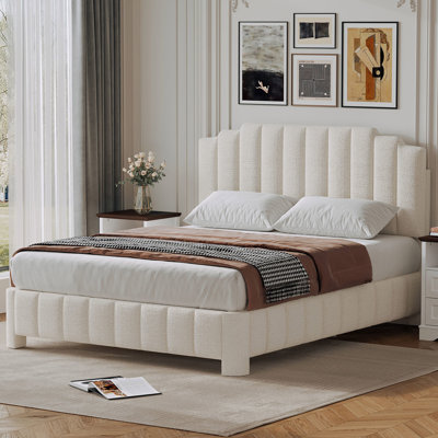 Structure de lit double avec tête de lit réglable, lit plateforme tapissier Boucle, lit en bois massif pour la chambre à coucher, aucun sommier nécessaire