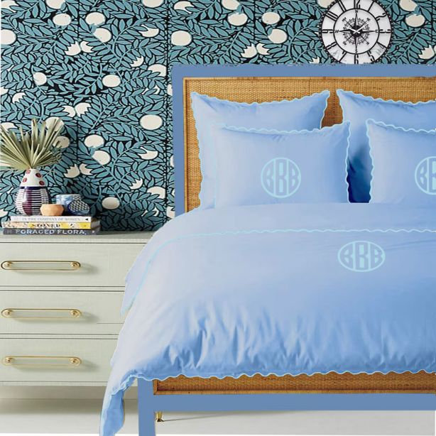 Monogram 400TC Cotton Small Scallop Embroidery Duvet Cover Set, Oversize King Duvet Cover, Yes, White/Light Blue