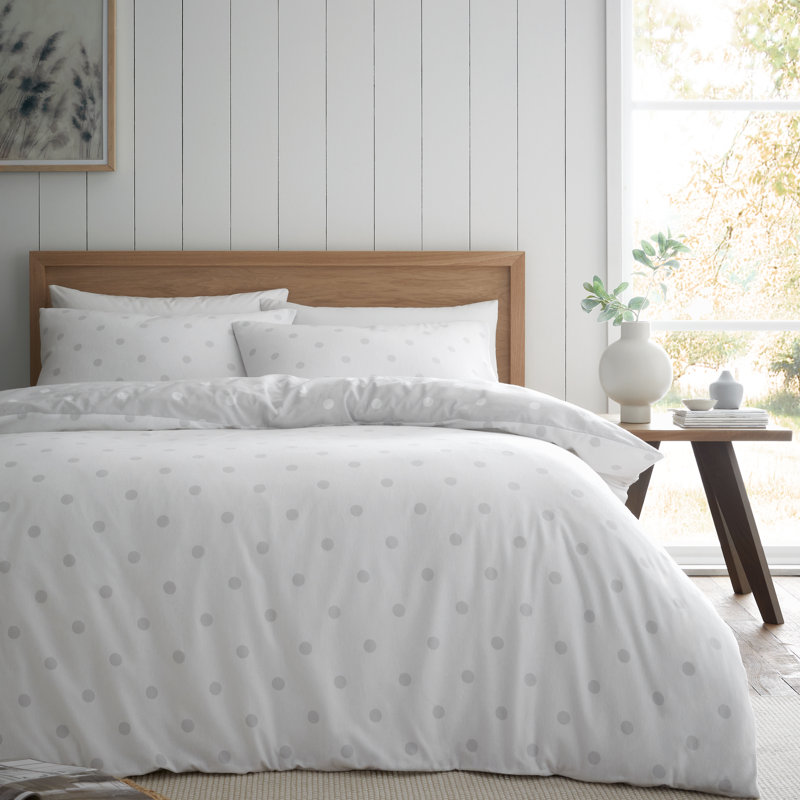 Brushed Polka Dot Cotton Reversible Duvet Cover Set, King Duvet Cover + 2 Standard Pillowcases, Grey