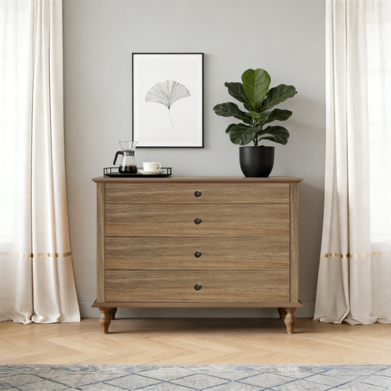 Grande commode à 4 tiroirs avec pied en bois massif, Marron clair