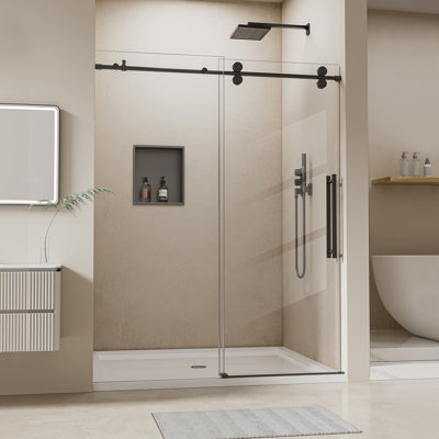 Porte de douche coulissante sans cadre, 101,6 - 106,7 cm (L) x 193 cm (H), en verre trempé de 8 mm d'épaisseur, revêtement nano facile à nettoyer, pour douche à l'italienne, ouverture et fermeture silencieuses, noir mat