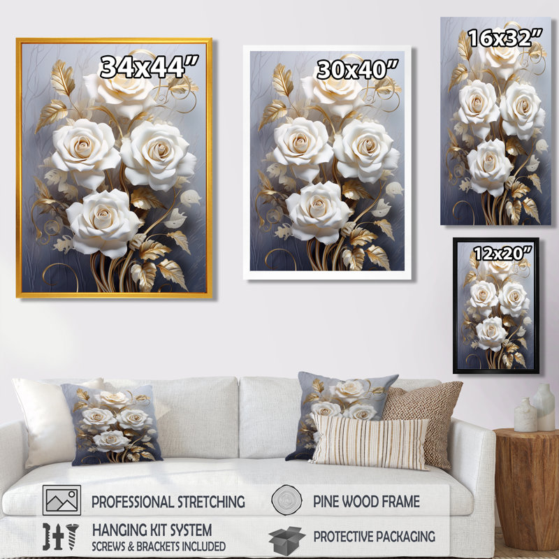 «White Rose Golden Leaves On Grey I - Roses», reproduction d'art, Toile avec cadre flottant brun, H 32 po x l 16 po x P 1 po