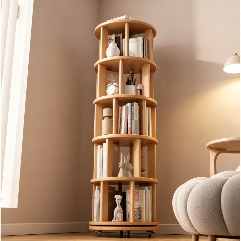 Tablette d'angle, tour de bibliothèque rotative en bois massif avec roulettes, Naturel