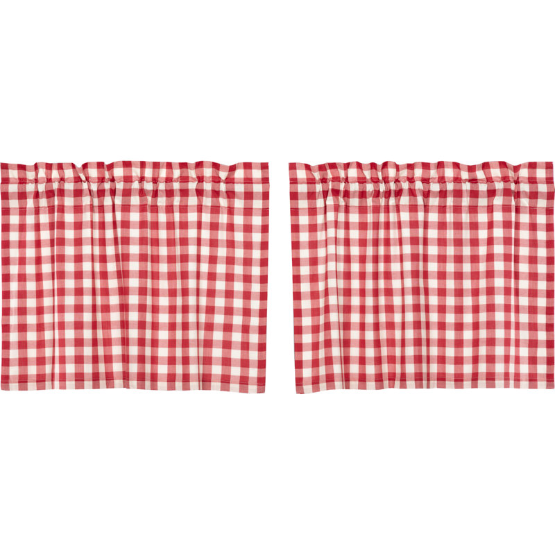 Annie Buffalo Check Plaid Cotton Ruffled Cafe Curtain, 72" W x 24" L, Red