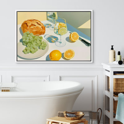 "Modern Modern Still Life Bread Fruit Wine Table Art", reproduction d'art encadrée sur toile