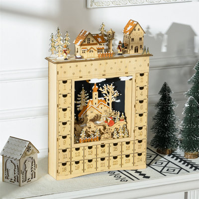 Wooden Christmas Advent Calendar with Built-in LED Village Scene