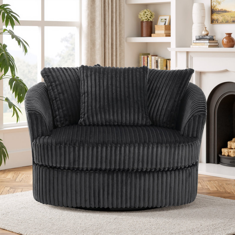 Ultra Plush Faux Rabbit Fur Oversized Swivel Barrel Chair with Three Pillows, Dark Grey