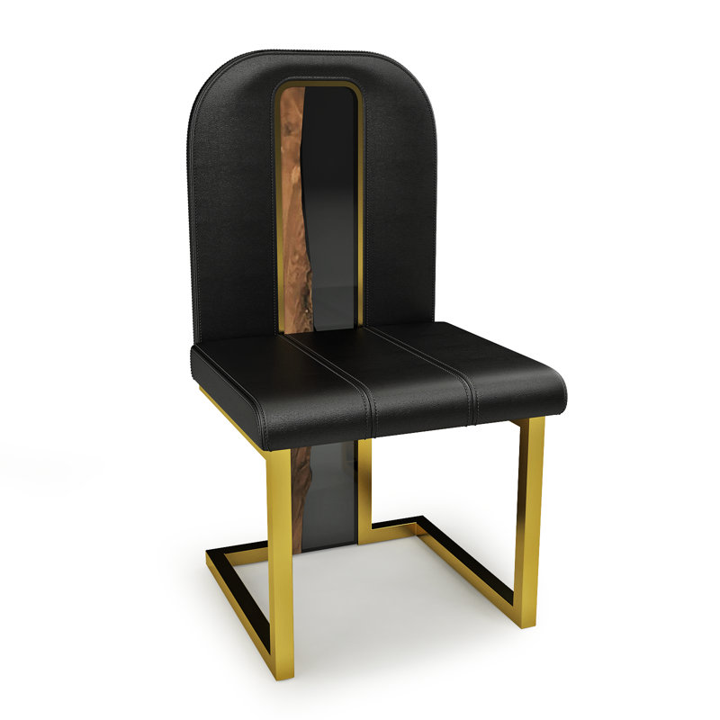 18.1'' H Genuine Leather Upholstered Side Chair, Black, Gold, 2