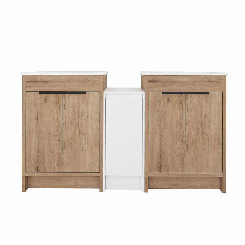 Armoire de salle de bain indépendante avec lavabo en céramique et armoire de rangement, porte à fermeture en douceur