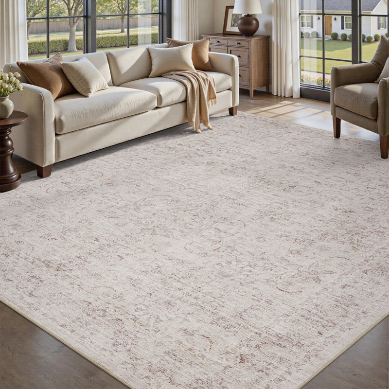 Soft Beige Vintage Floral Washable Area Rug With Non-Slip Backing For Living Rooms, Bedrooms, Rectangle 8' x 10', Beige