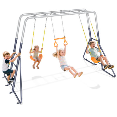 Ensemble de jeu extérieur en métal avec 2 balançoires, anneaux de gymnastique et échelle d'escalade pour enfants