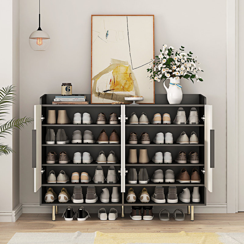 Off-White and Black 4-Door Modern Shoe Cabinet with Adjustable Shelves