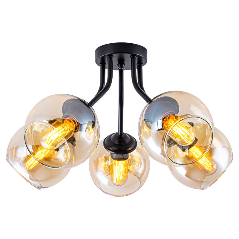 5-Light Semi Flush Mount Ceiling Light, Modern Branch Design Industrial Fixture, Matte Black Metal Frame with Amber Glass Globes, 20.5" Wide, E26 Sockets