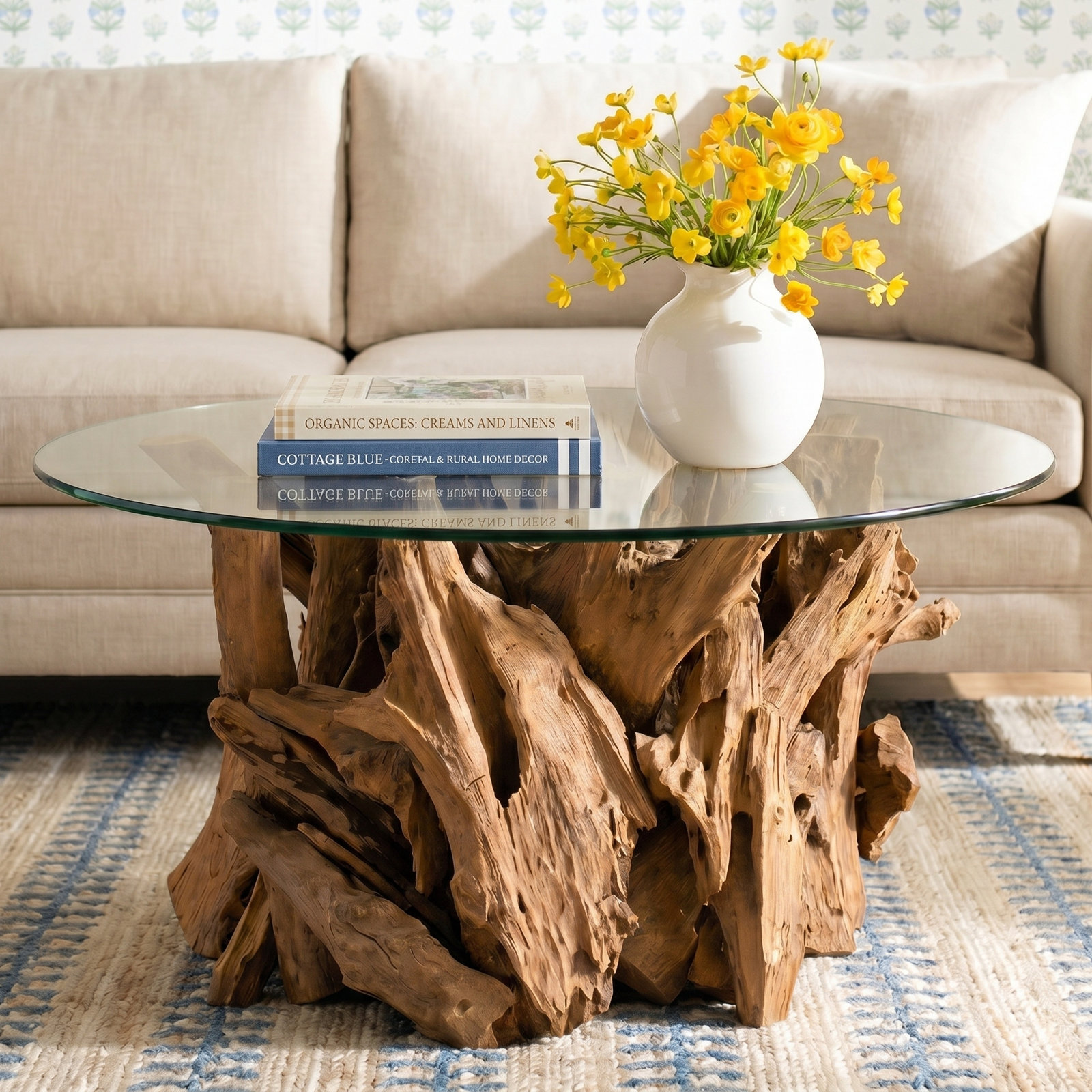Julip 36" Glass Teak Coffee Table