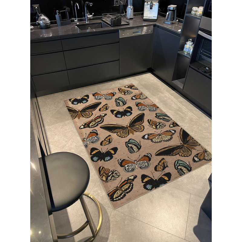 Tapis décoratif moderne à motif papillon beige, Rectangle 3 pi 9,81 po x 4 pi 11,06 po