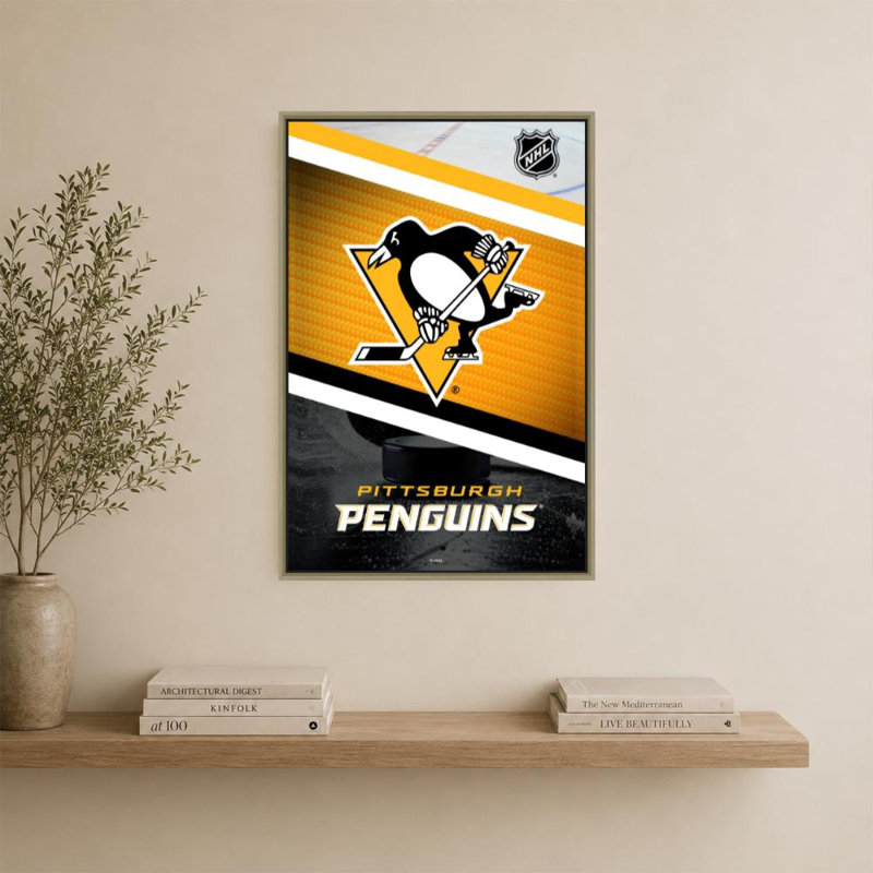 Décoration murale des Penguins de Pittsburgh (NHL), H 36 po x l 24 po, Cadre flottant biseauté, Champagne