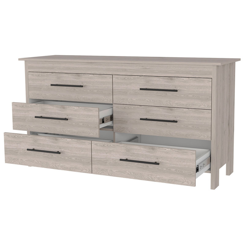 Commode double à six tiroirs Luxor, plateau supérieur, quatre pieds, Gris clair