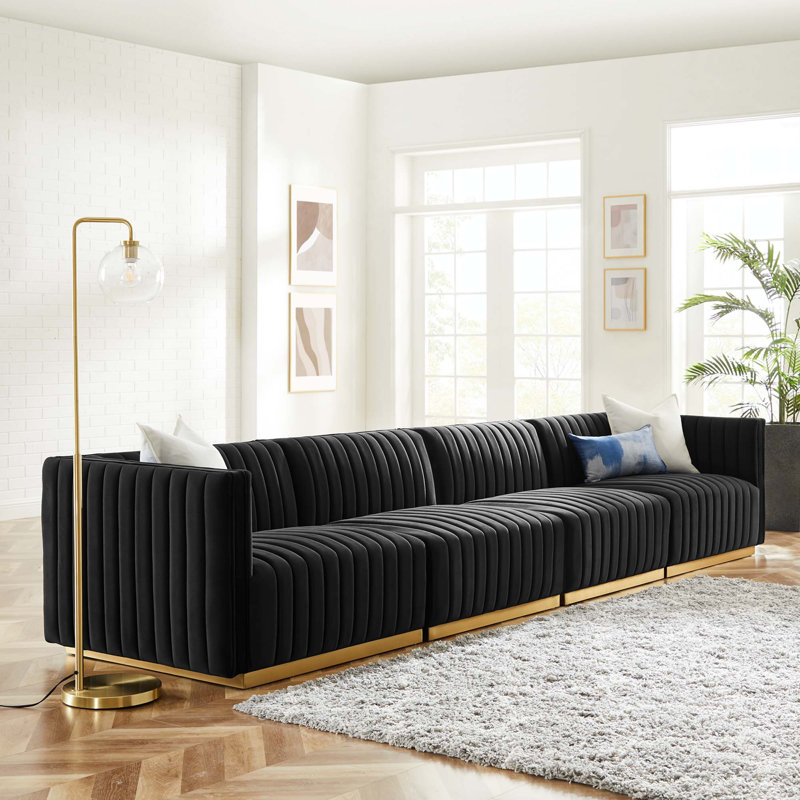 Conjure Channel Tufted Sofa by Modway, Gold, Dusty Rose Velvet, 28" H x 155" W x 36.5" D