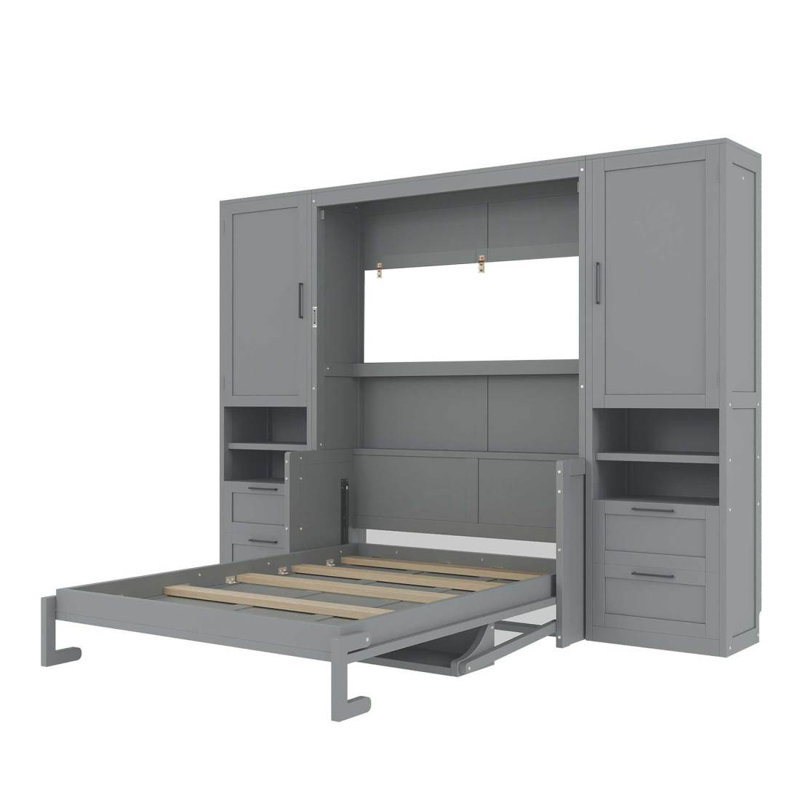 Lit escamotable double pleine grandeur avec placard, tiroirs et tablettes, gris, Gris, Lit double