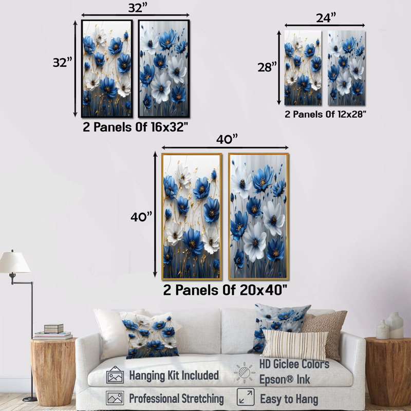 "Meadows of Blue Cornflowers III" - ensemble d'art mural 2 pièces, H 40 po x l 40 po, Cadre flottant noir
