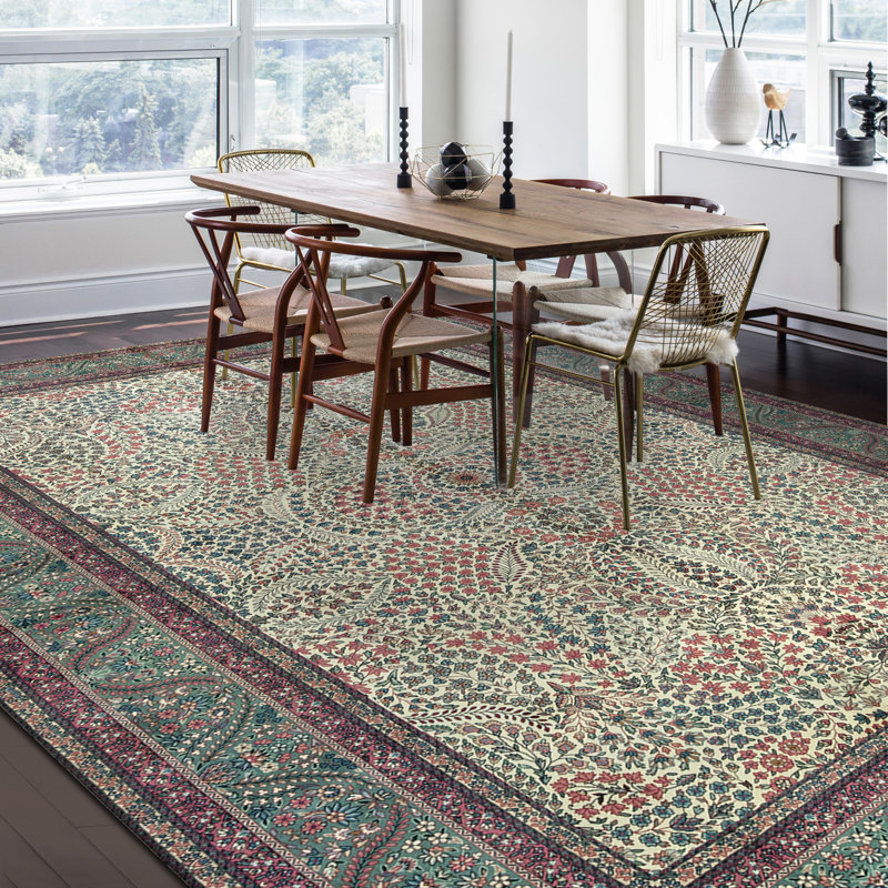 Tapis ivoire et vert noué à la main de haute qualité