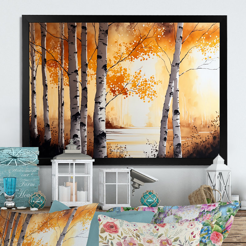 «Yellow Birches by the Lakeside I», reproduction sur toile, H 24 po x l 32 po x P 1 po, Cadre photo noir
