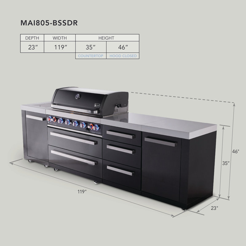 Mont Alpi Mai805-bssdr 6-burner 119" Premium Black Stainless Steel Outdoor Kitchen Island Gas Grill + Infrared Side & Rear Burners + Storage Drawers & Cabinets + Granite Countertops + Rotisserie Kit