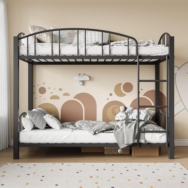 Twin Over Twin Metal Bunk Bed with Arched Guardrail and Safety Ladder, Heavy Duty Steel Frame for Kids, Boys, and Girls, Space-Saving Design, No Box Spring Needed, Modern Gray