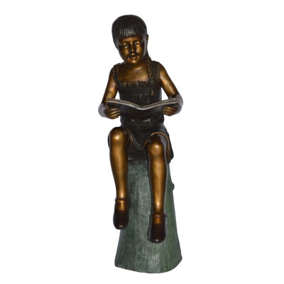 Ludlam Girl Sitting on a Tree Stump, Reading Bronze Statue - Size: 15"L x 20"W x 22"H.