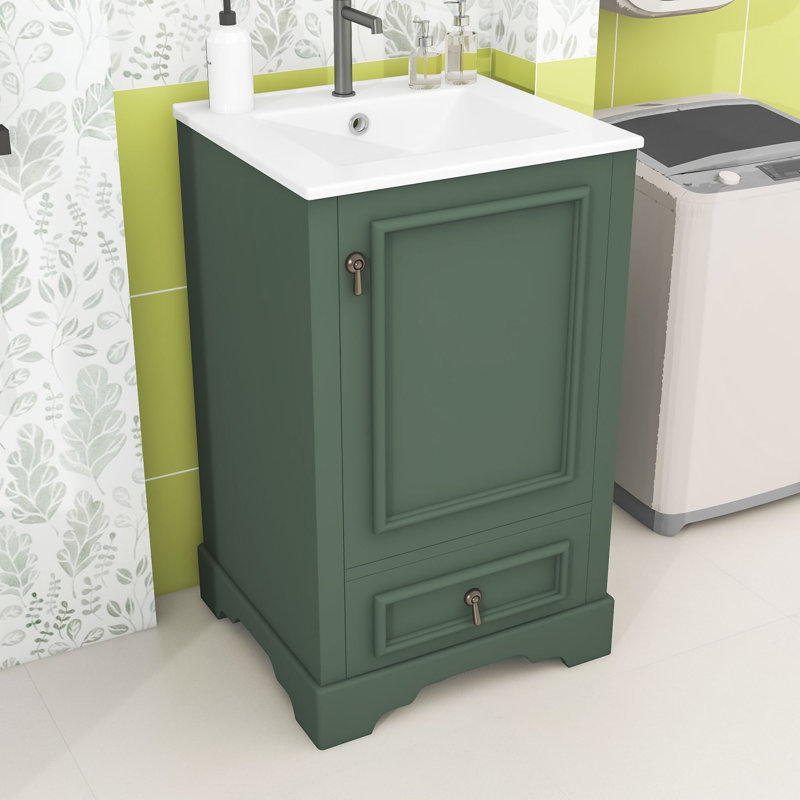 Meuble-lavabo de salle de bain avec lavabo en céramique, tablette réglable en U et tiroir à compartiments, Vert