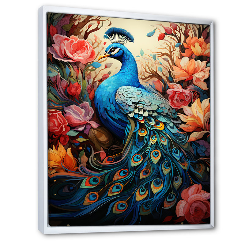 Peacock Gouache I - animaux, art mural sur toile, H 20 po x l 12 po x P 1 po, Cadre flottant blanc