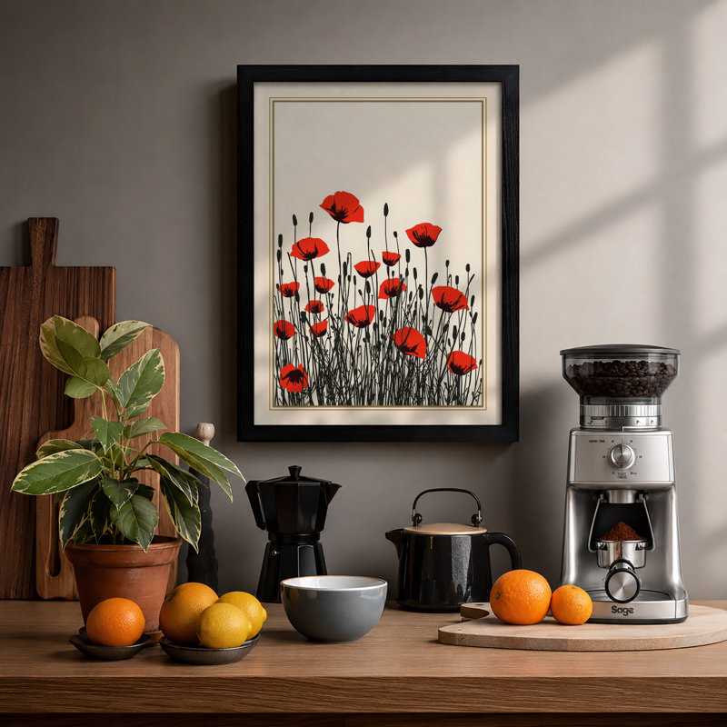 Red Poppies Botanical - Framed Print, A2 - 59.4 x 42.0 cm, Black
