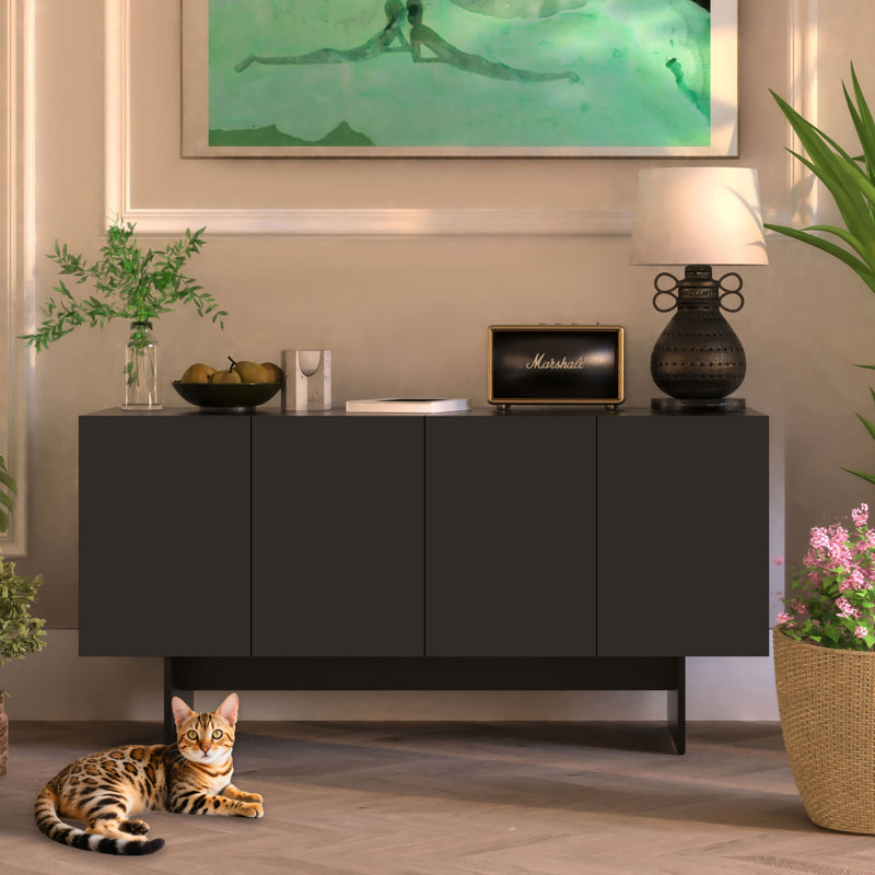 Cat Litter Box Enclosure Furniture with Double Room for 2 Cats, Scandi Style(Blcak), Black