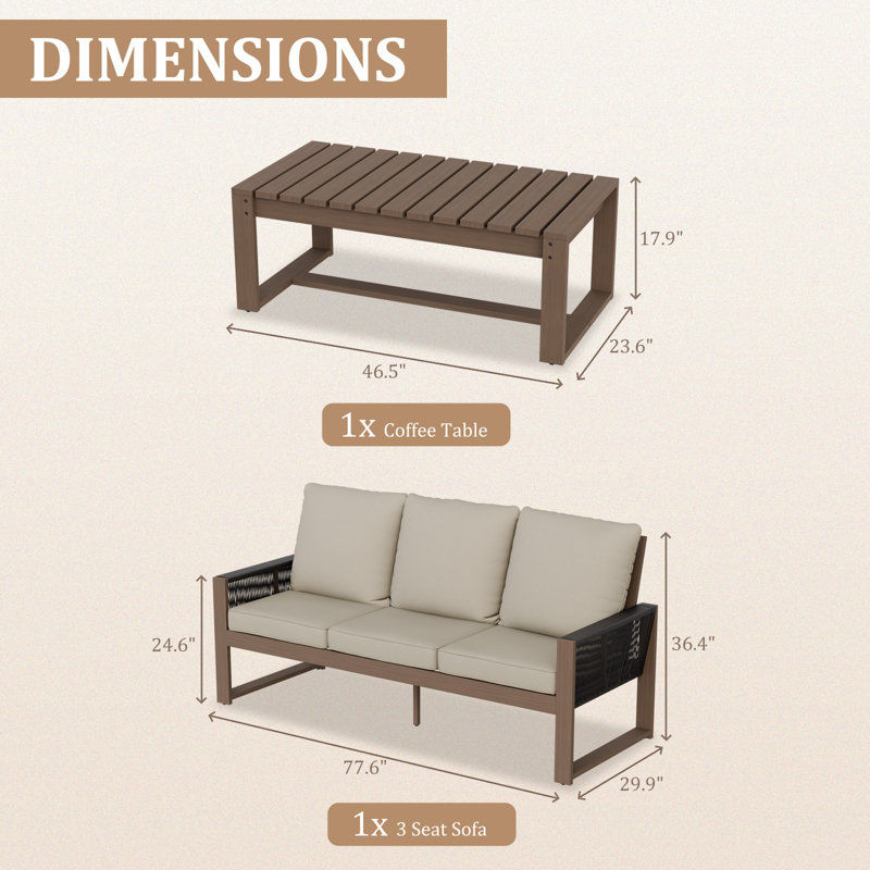 Ensemble de conversation pour 3 personnes avec canapé et patio, Beige