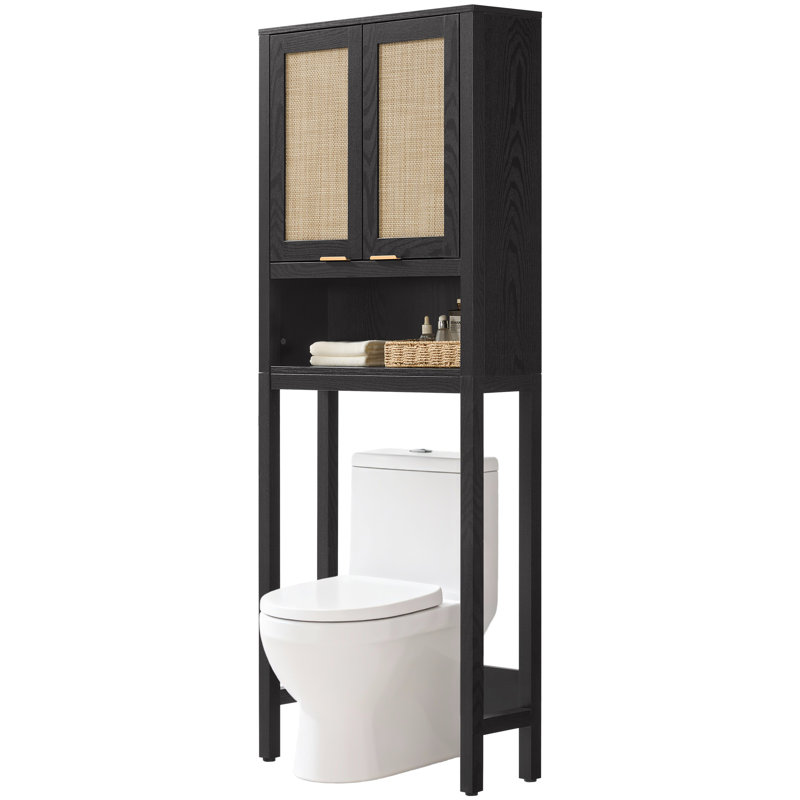 Boho Bathroom Space Saver Cabinet With Rattan Doors, Over-The-Toilet Storage Organizer With Adjustable Shelf, Black