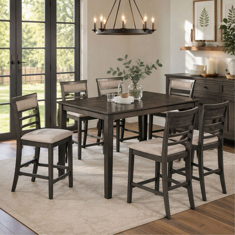 Ensemble de salle à manger 7 pièces avec table haute et 6 chaises rembourrées à dossier à lattes, fini gris vieilli et beige