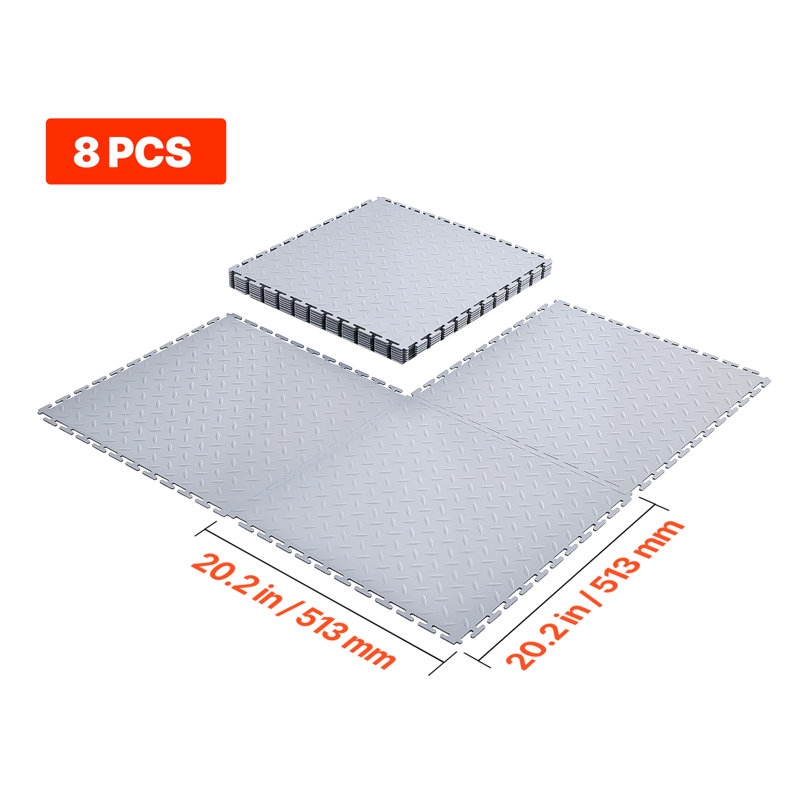 Carreaux de sol de garage à emboîtement, carreaux de garage modulaires emboîtables de 20,2 x 20,2 x 0,2 po, tapis en PVC antidérapant à motif de losanges pour atelier, entrepôt, salle d'outils, argent