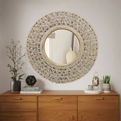Miroir mural rond en rotin et bambou